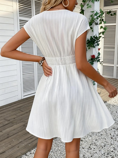 Robe Courte Femme Dentelle Col V | Manches Bouffantes Style Français | Robe Rayée Cintrée
