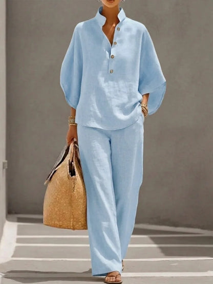 Ensemble Femme Cardigan Boutonné Ample + Pantalon Coordonné | 2 Pièces Casual Confort Quotidien