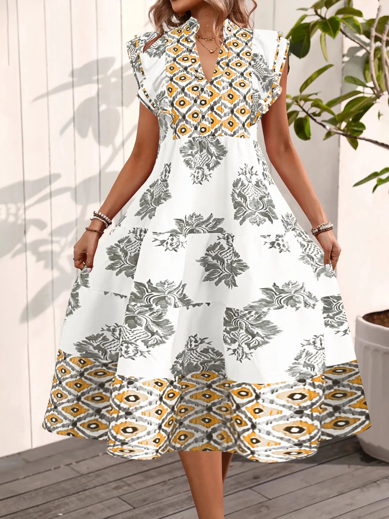 Robe Midi Femme Florale Col Montant | Manches Courtes Coupe A-Line | Robe de Fête Estivale Ample