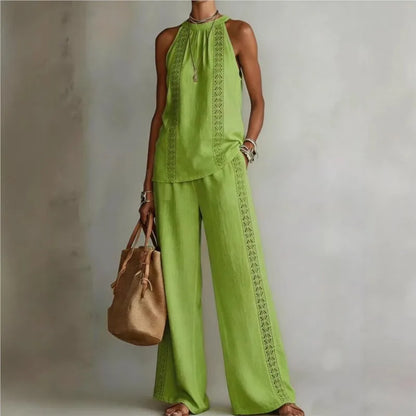 Ensemble Femme Top Halter Neck + Pantalon Large Dentelle Rétro | 2 Pièces Sexy Chic Été 2026