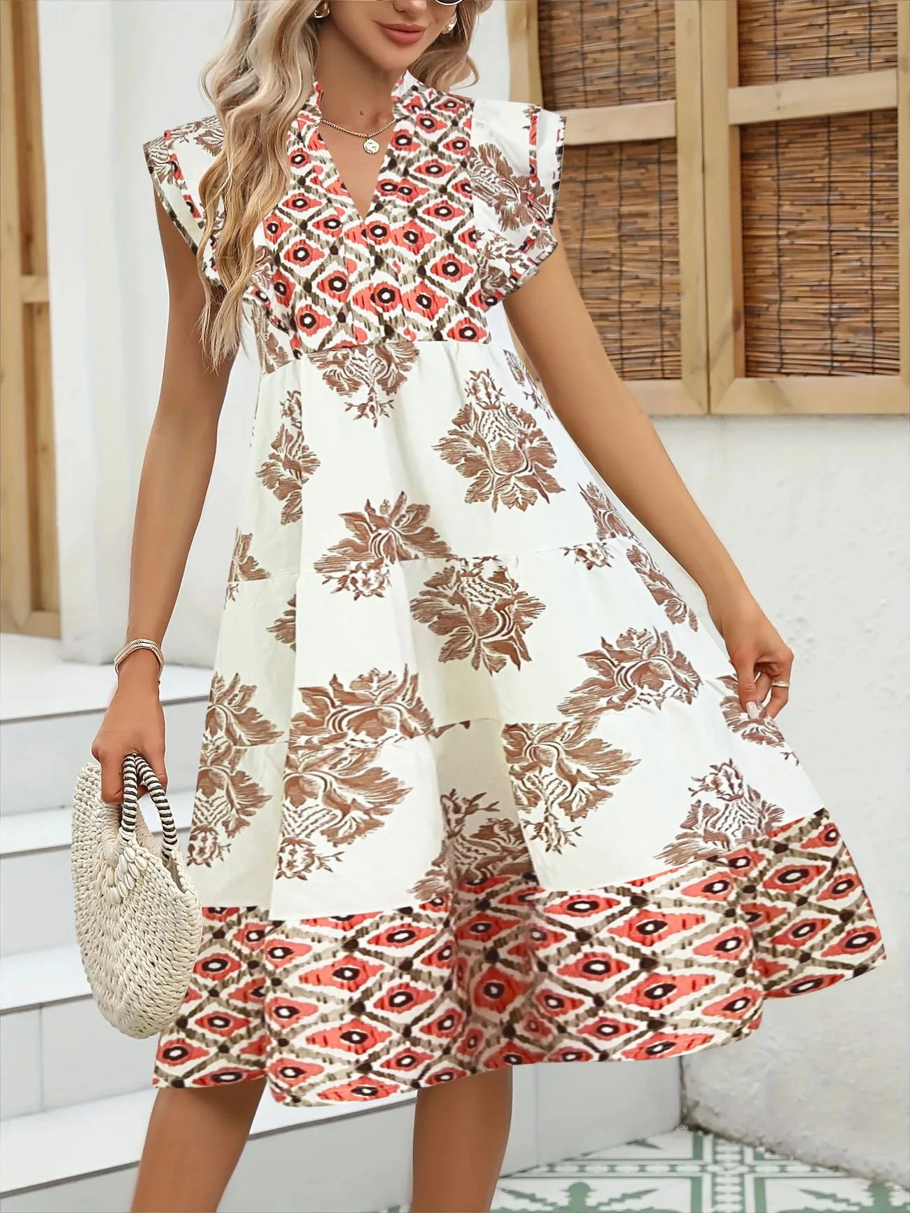 Robe Midi Femme Florale Col Montant | Manches Courtes Coupe A-Line | Robe de Fête Estivale Ample