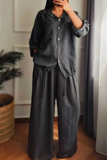 Ensemble Femme Chemise Boutonnée + Pantalon Large | 2 Pièces Lounge Wear Confort Vacances Été