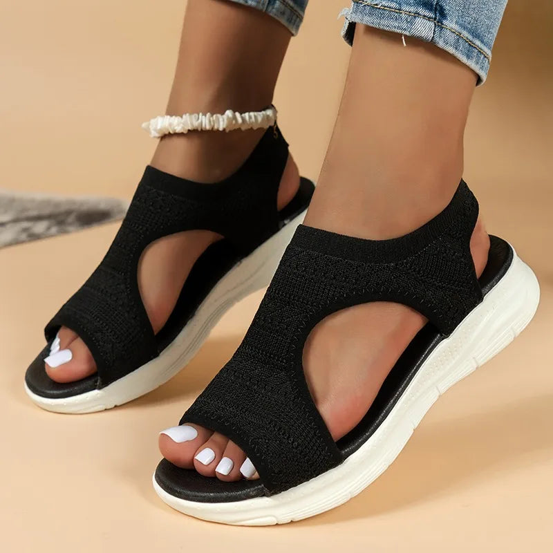 Sandales Sport Femme Maille Tricotée Romaine | Compensées Bout Ouvert Confort | Chaussures Plage Été