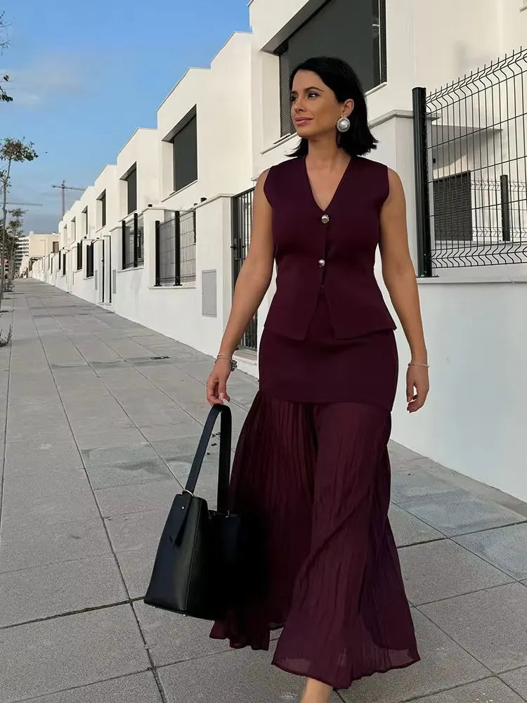 Ensemble Tricot Femme Top Col V + Jupe Longue Fendue | 2 Pièces Bordeaux Élégant Soirée