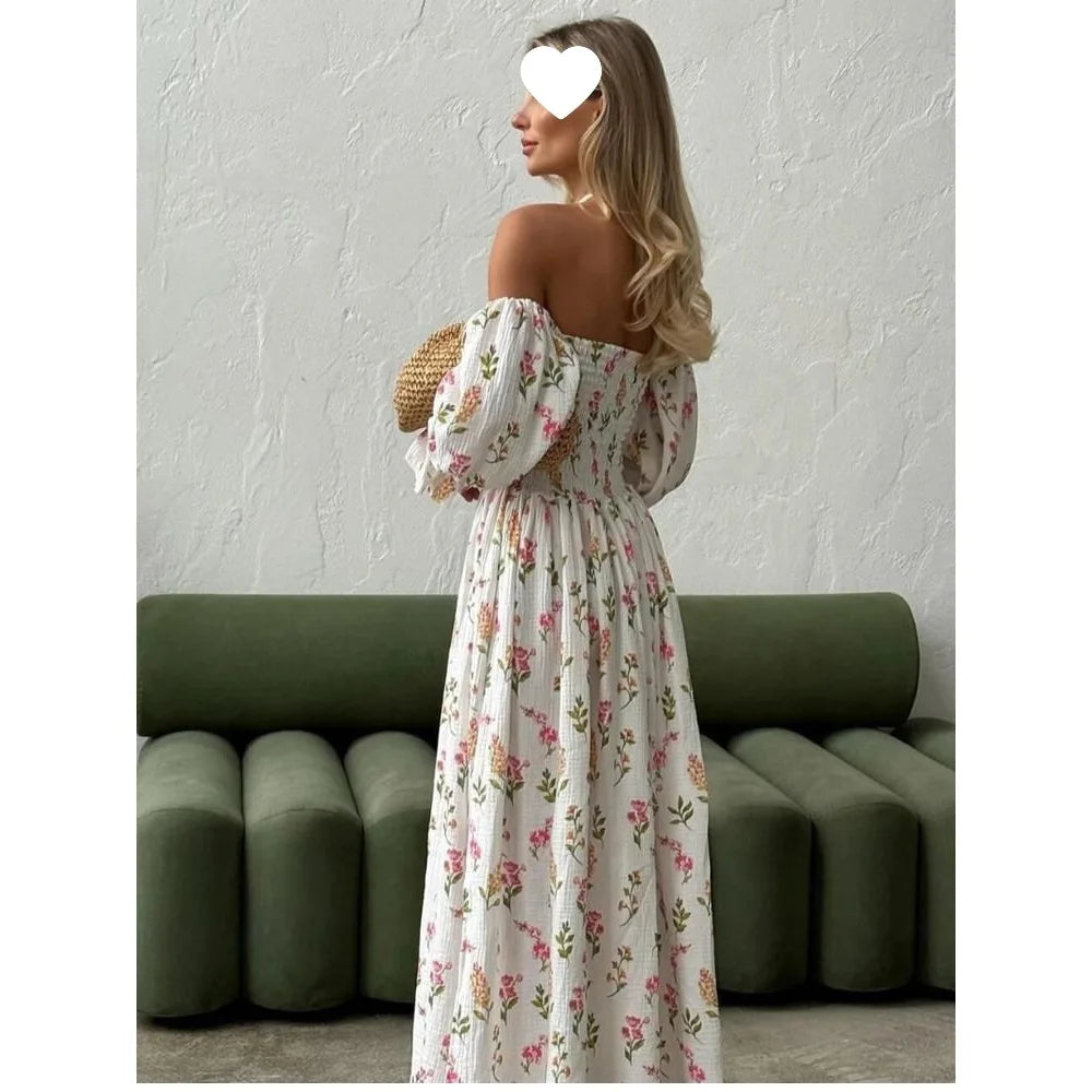 Robe Midi Femme Tricot Épaule Asymétrique | Manches Lanternes Florale | Robe Longue Fendue Élégante