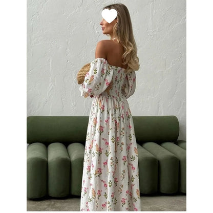 Robe Midi Femme Tricot Épaule Asymétrique | Manches Lanternes Florale | Robe Longue Fendue Élégante