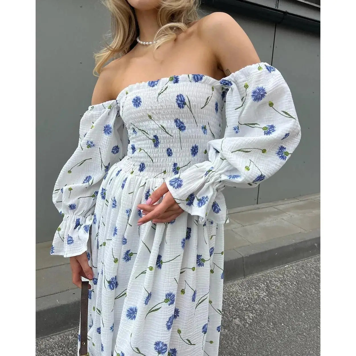 Robe Midi Femme Tricot Épaule Asymétrique | Manches Lanternes Florale | Robe Longue Fendue Élégante