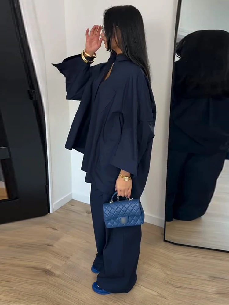 Ensemble Femme Chemise Manches Longues + Pantalon Droit Taille Haute | 2 Pièces Élégant Bureau Été