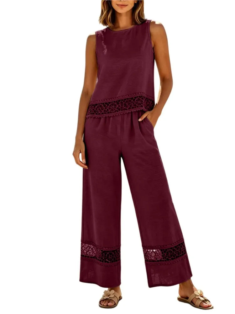Ensemble 2 Pièces Femme Top Dentelle + Pantalon Large | Vacation Beach Chic | Tenue Été Légère