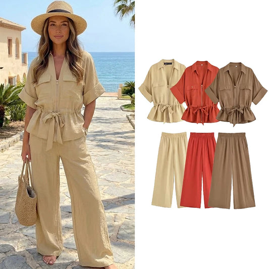 Ensemble Femme Chemise Zippée + Pantalon Taille Élastique | 2 Pièces Chic Contemporain Bureau Été