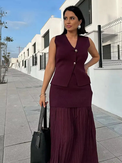 Ensemble Tricot Femme Top Col V + Jupe Longue Fendue | 2 Pièces Bordeaux Élégant Soirée