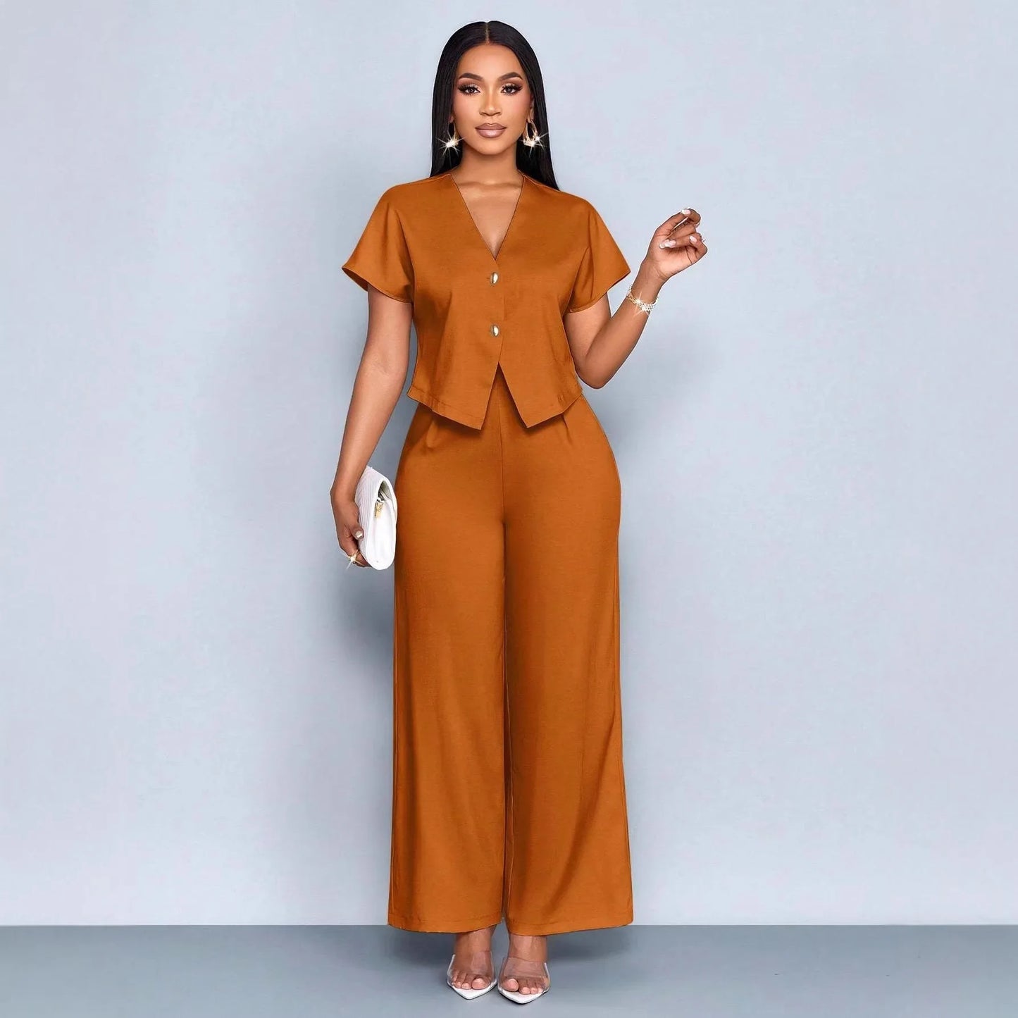 Ensemble 2 Pièces Femme Top Col V + Pantalon Large | Casual Chic Été